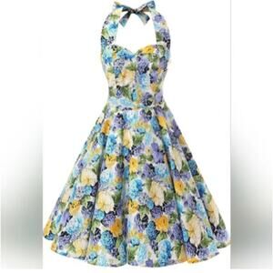 Ensnovo 50s Pinup Style Pansy Floral Garden Party Halter Tie Dress MEDIUM